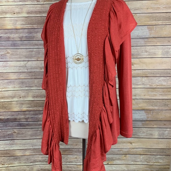ONE WORLD Sweaters - One World Large Ruffled Open Cardigan